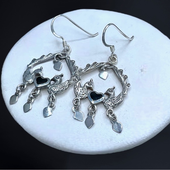 🌺 Vintage Sterling & Onyx Peacock Earrings - Picture 4 of 10